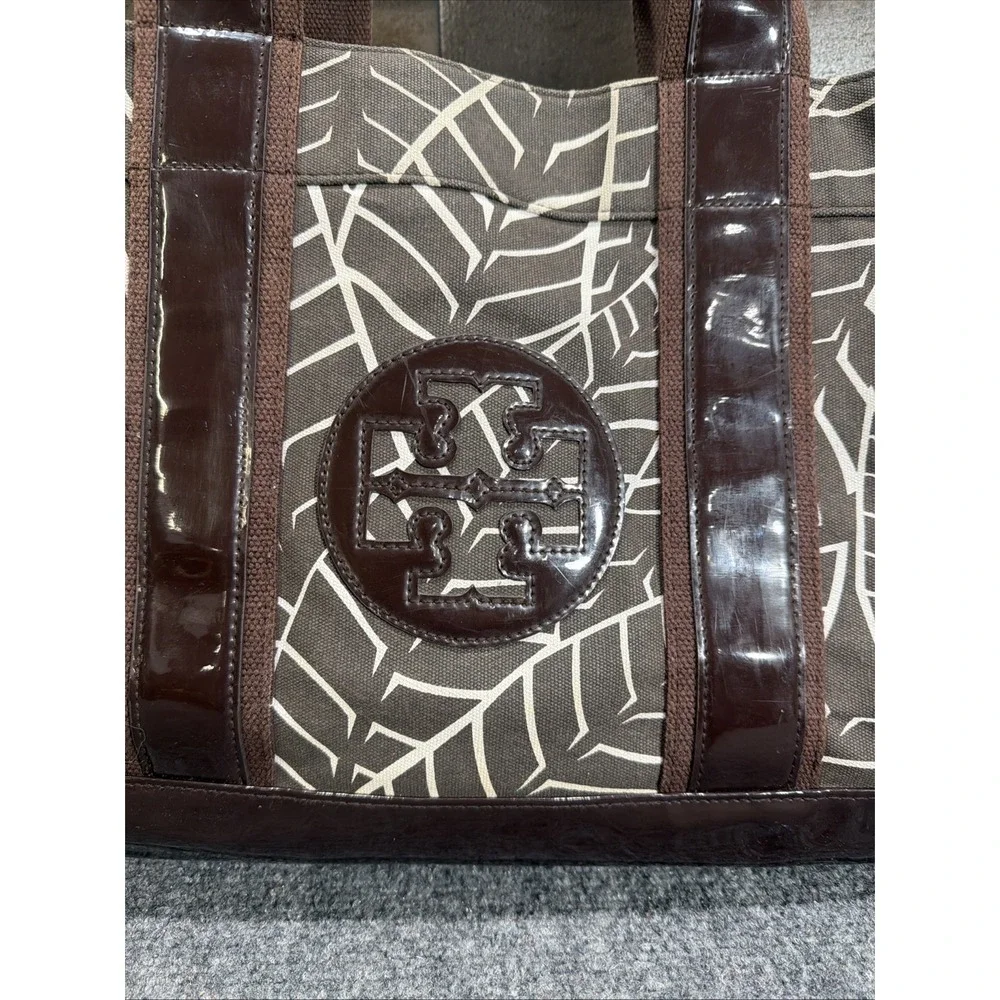 Tory Burch Tote Bag Purse Shoulder Bag Brown Jungle Print Canvas